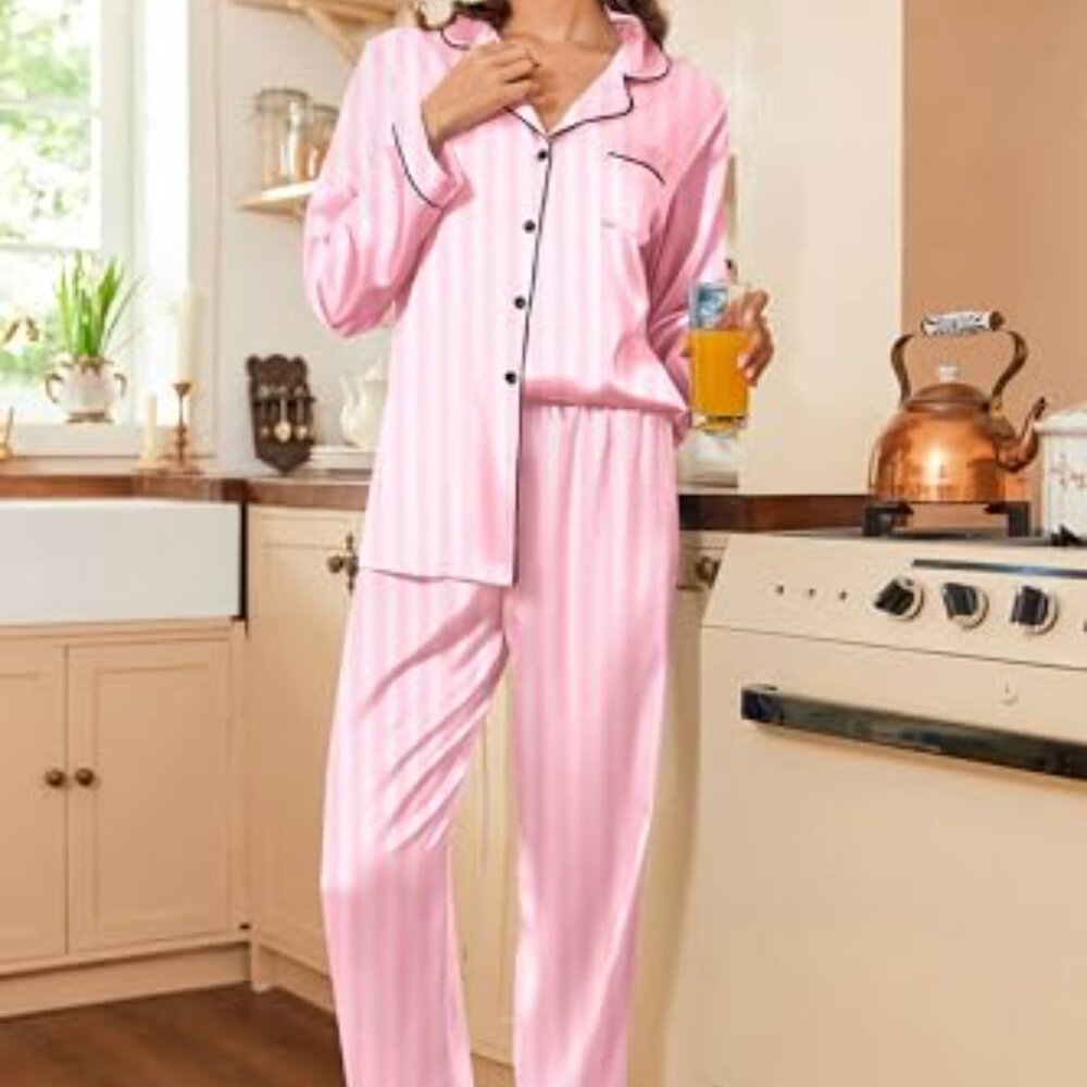 Classic Button Down Satin Pajama Set Elegant Slee… - image 3